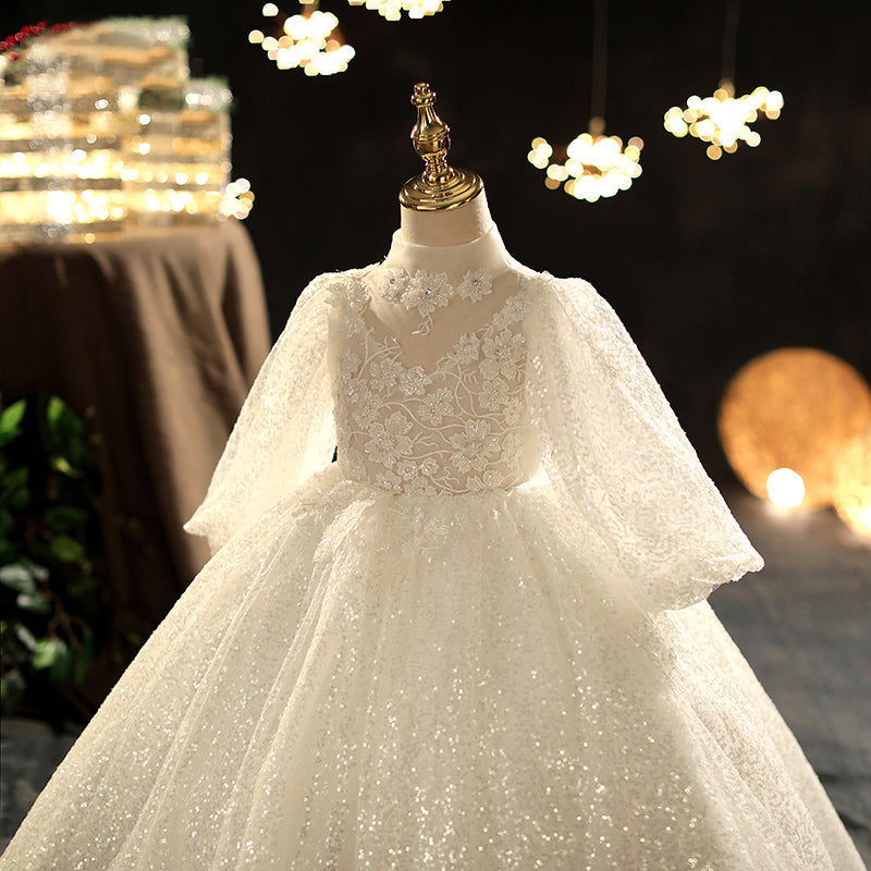 Long Sleeve A-line White Sequin Flower Girl Dress for Special Occasions