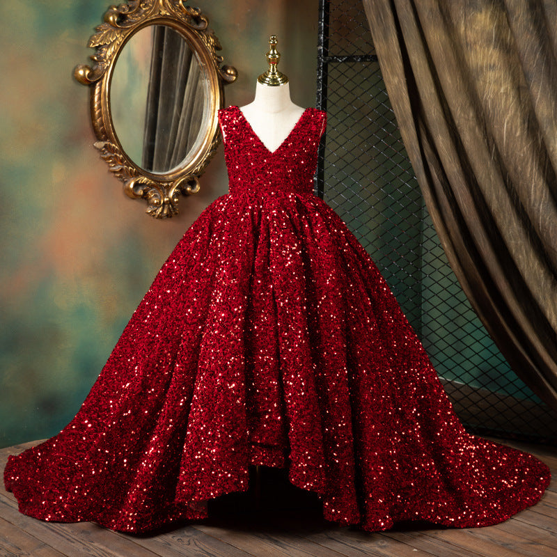 Luxury Red Sequin Princess Dress for Girls | High-Low A-Line Party Dress