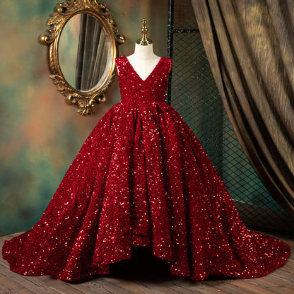 Luxury Red Sequin Princess Dress for Girls | High-Low A-Line Party Dress