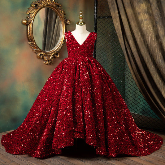 Luxury Red Sequin Princess Dress for Girls | High-Low A-Line Party Dress