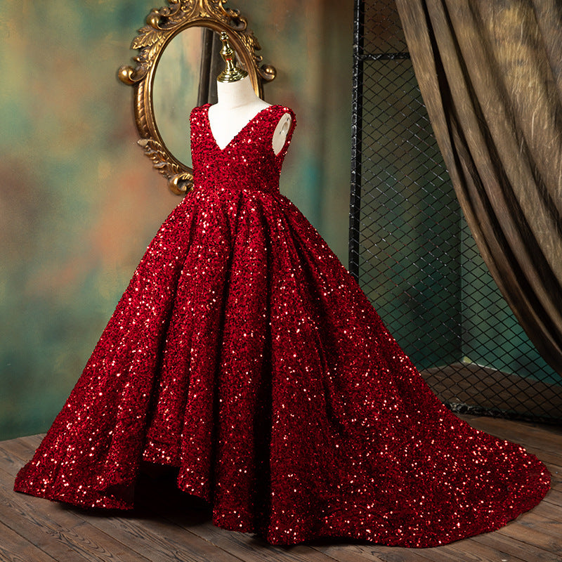 Luxury Red Sequin Princess Dress for Girls | High-Low A-Line Party Dress