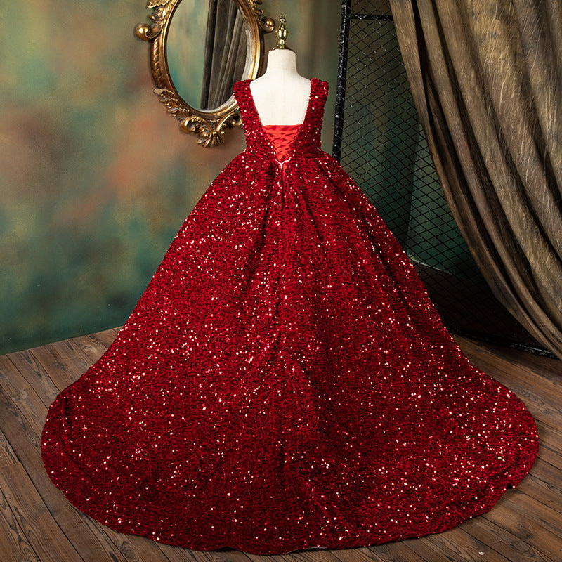 Luxury Red Sequin Princess Dress for Girls | High-Low A-Line Party Dress