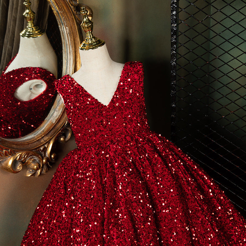 Luxury Red Sequin Princess Dress for Girls | High-Low A-Line Party Dress