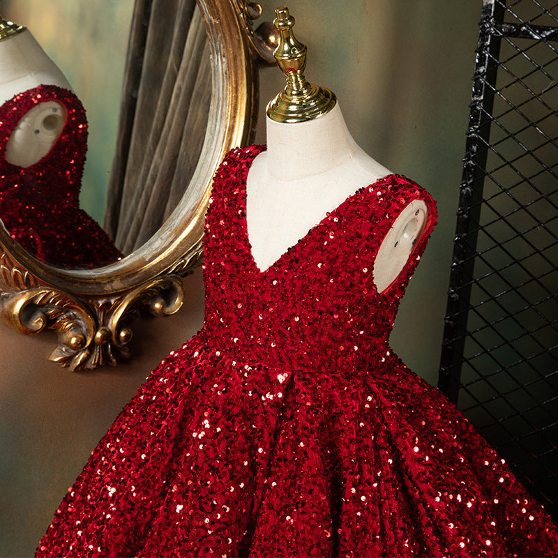 Luxury Red Sequin Princess Dress for Girls | High-Low A-Line Party Dress