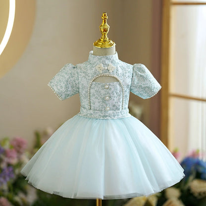 Mint Green Puffy Flower Girl Princess Dress | Kids Ball Gown for Parties & Weddings