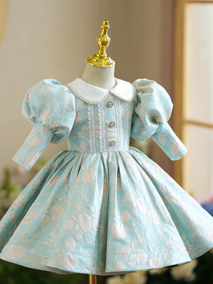 Mint Green Princess Ball Gown Dress for Girls – Satin Floral Tea-Length Outfit