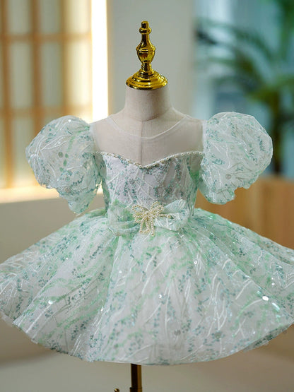 Mint Green Sequin Flower Girl Ball Gown – Princess Puffy Knee Length Dress