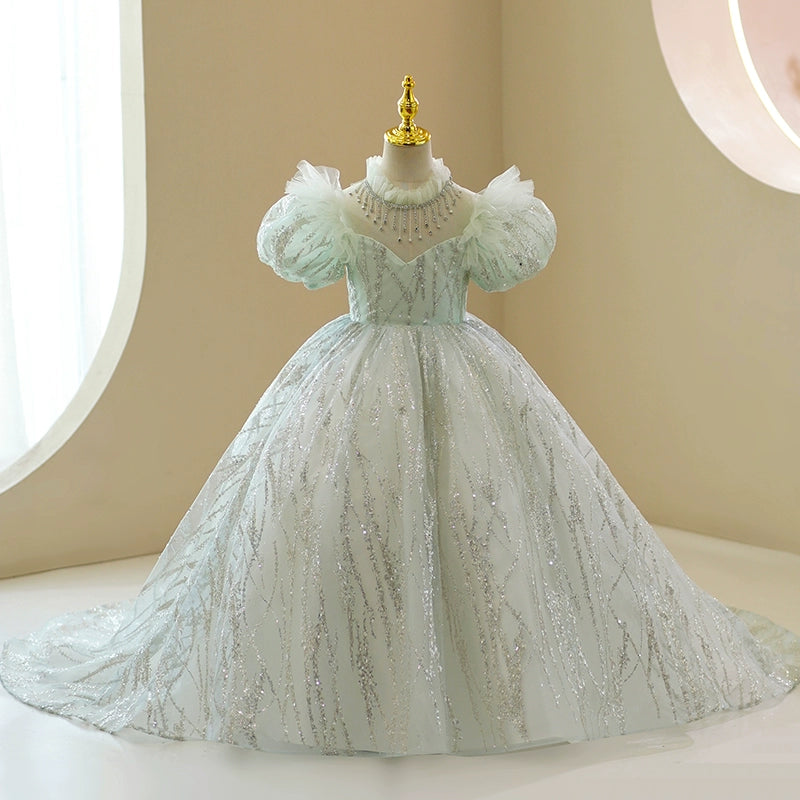 Mint Green Sequin Ball Gown for Girls with Sweetheart Illusion Neckline - Mint Green / 11-12 Years (160cm) - Fleur Kids