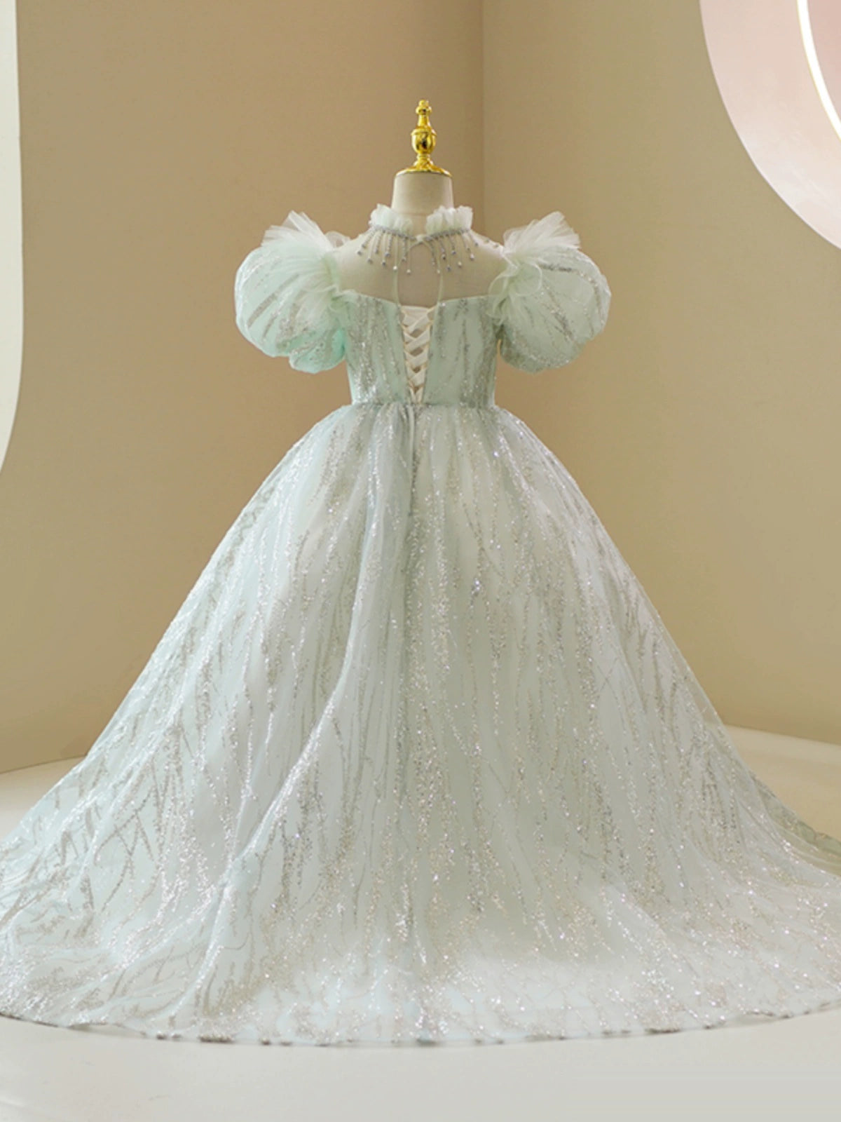 Mint Green Sequin Ball Gown for Girls with Sweetheart Illusion Neckline - Mint Green / 11-12 Years (160cm) - Fleur Kids Mint Green Sequin Ball Gown for Girls with Sweetheart Illusion Neckline - Mint Green / 11-12 Years (160cm) - Fleur Kids