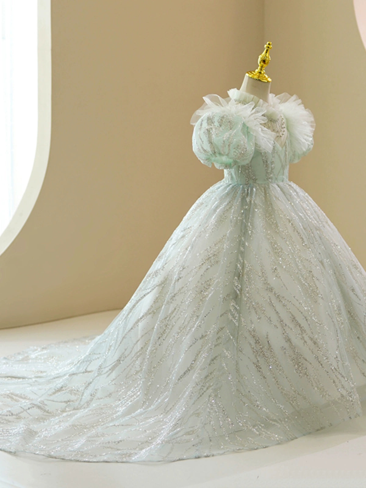 Mint Green Sequin Ball Gown for Girls with Sweetheart Illusion Neckline - Mint Green / 11-12 Years (160cm) - Fleur Kids Mint Green Sequin Ball Gown for Girls with Sweetheart Illusion Neckline - Mint Green / 11-12 Years (160cm) - Fleur Kids