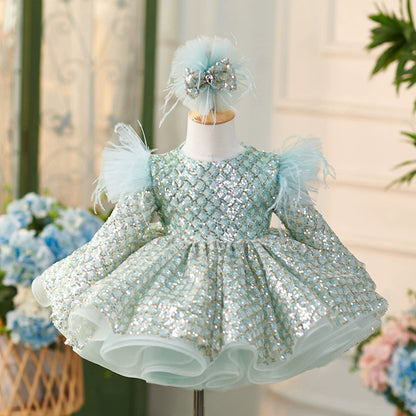 Mint Green Sequin Flower Girl Dress – Princess Ball Gown for Kids