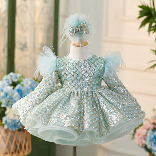 Mint Green Sequin Flower Girl Dress – Princess Ball Gown for Kids