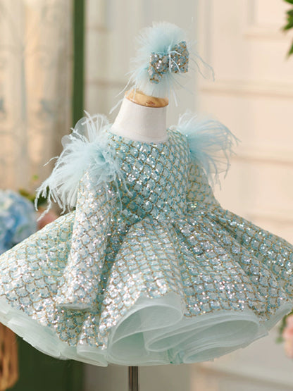 Mint Green Sequin Flower Girl Dress – Princess Ball Gown for Kids