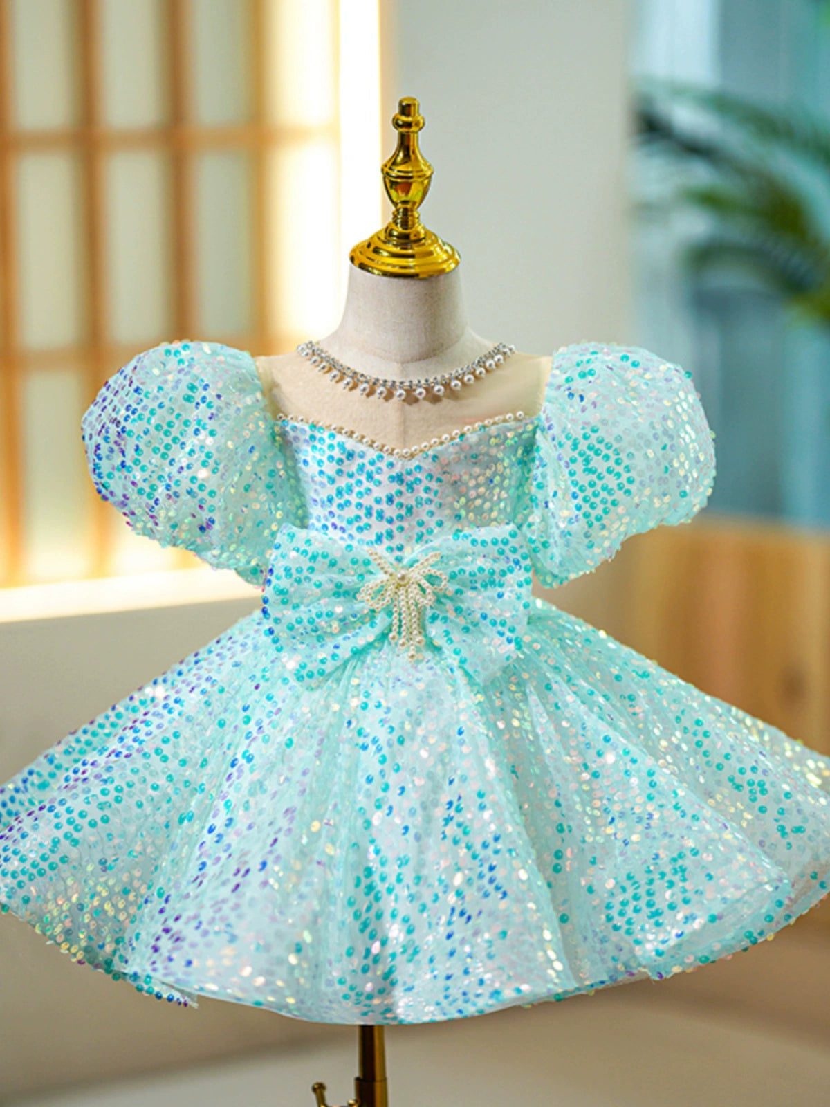 Mint Green Sequined Princess Ball Gown for Girls - Mint Green / 11-12 Years (160cm) - Fleur Kids Mint Green Sequined Princess Ball Gown for Girls - Mint Green / 11-12 Years (160cm) - Fleur Kids