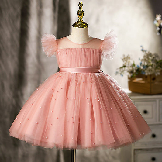 Pink Tulle A-Line Flower Girl & Birthday Party Dress with Sequins and Bow