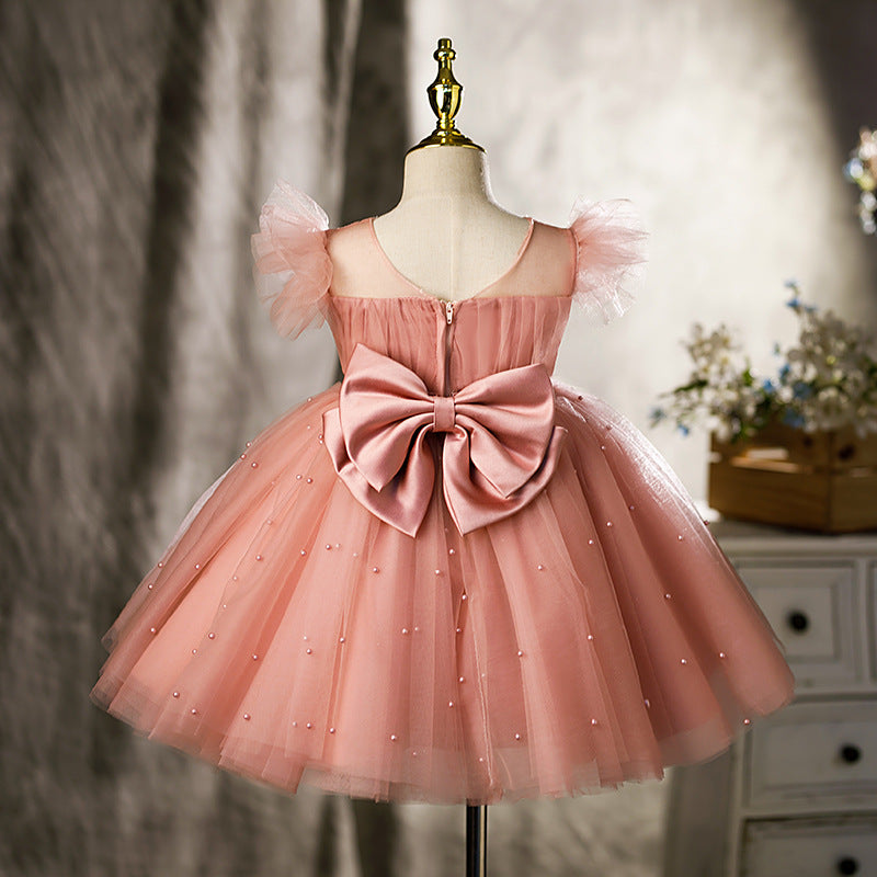 Pink Tulle A-Line Flower Girl & Birthday Party Dress with Sequins and Bow