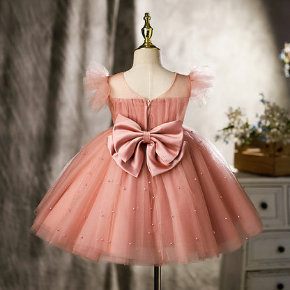 Pink Tulle A-Line Flower Girl & Birthday Party Dress with Sequins and Bow