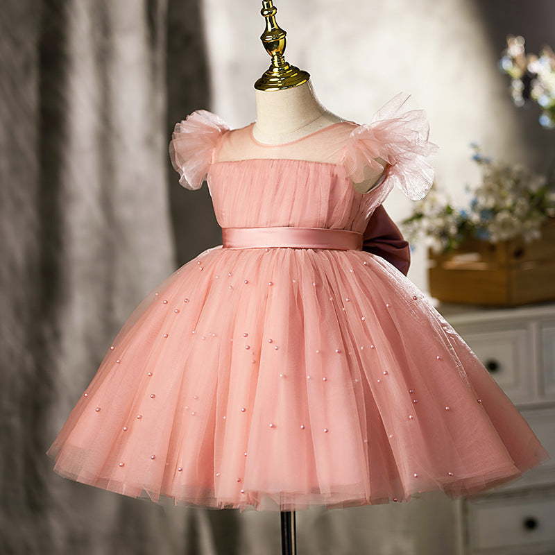 Pink Tulle A-Line Flower Girl & Birthday Party Dress with Sequins and Bow
