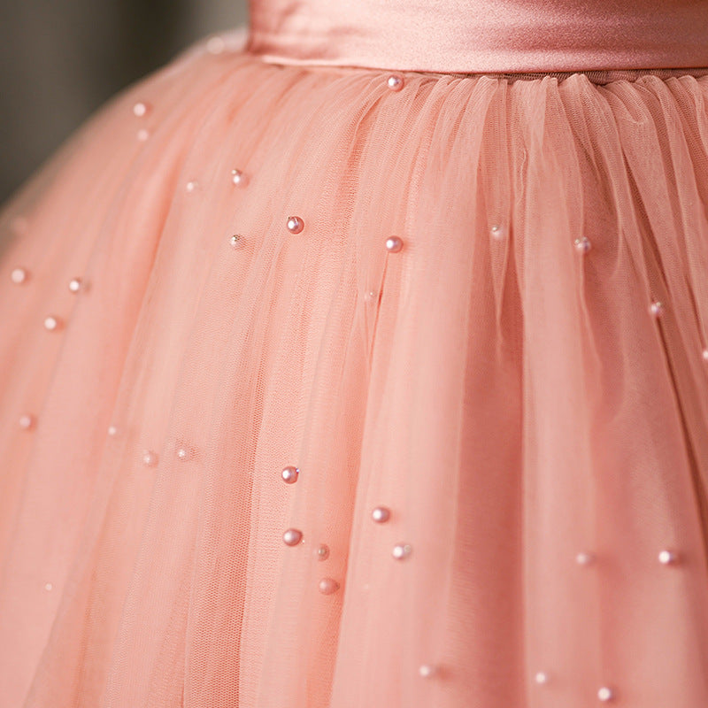 Pink Tulle A-Line Flower Girl & Birthday Party Dress with Sequins and Bow