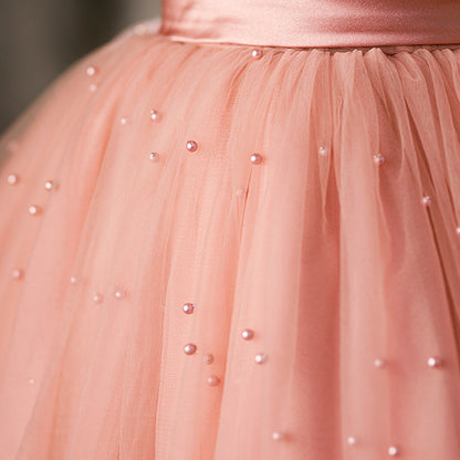 Pink Tulle A-Line Flower Girl & Birthday Party Dress with Sequins and Bow