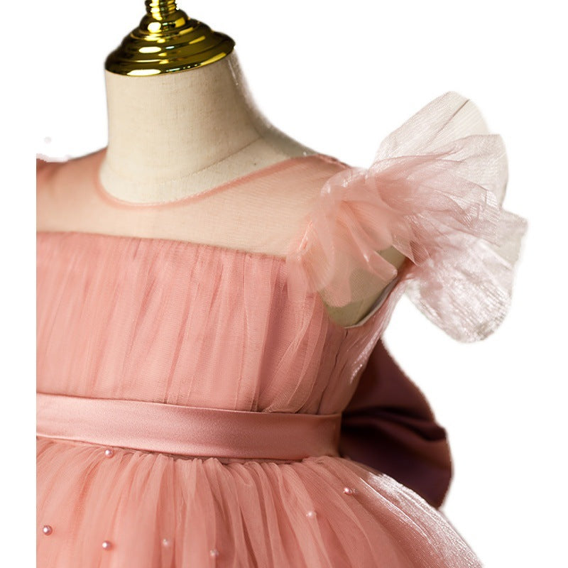 Pink Tulle A-Line Flower Girl & Birthday Party Dress with Sequins and Bow