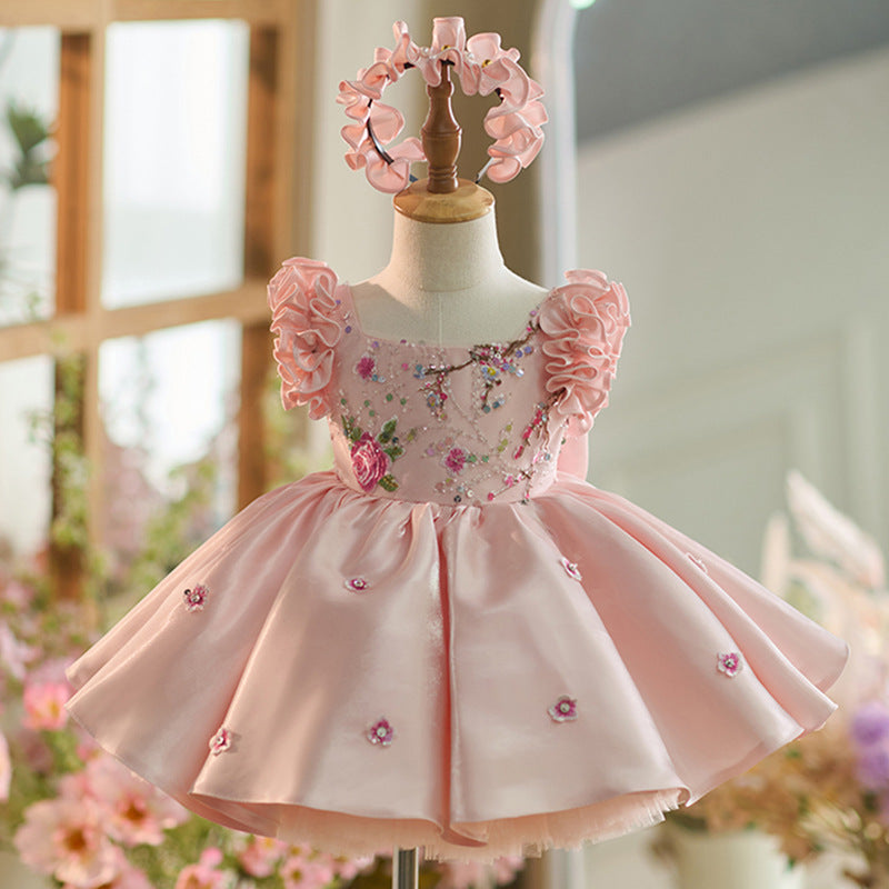 Pink Sequin Embroidered Flower Girl Party Dress – Cute A-Line Princess Dress for Kids