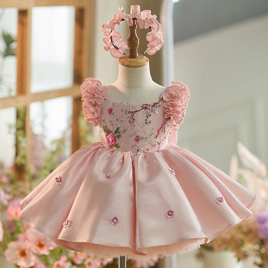 Pink Sequin Embroidered Flower Girl Party Dress – Cute A-Line Princess Dress for Kids