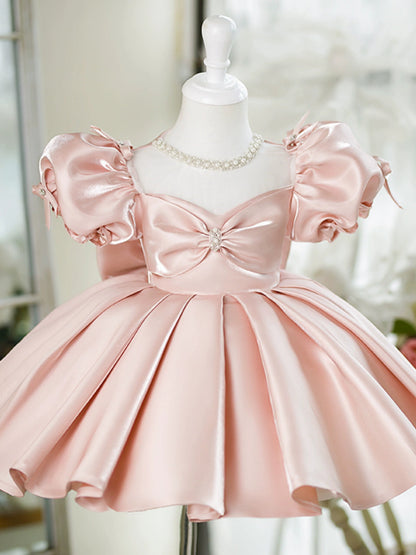 Pink Fairy Princess Ball Gown Dress for Girls - Satin, Ruffles, Bow & Sequins
