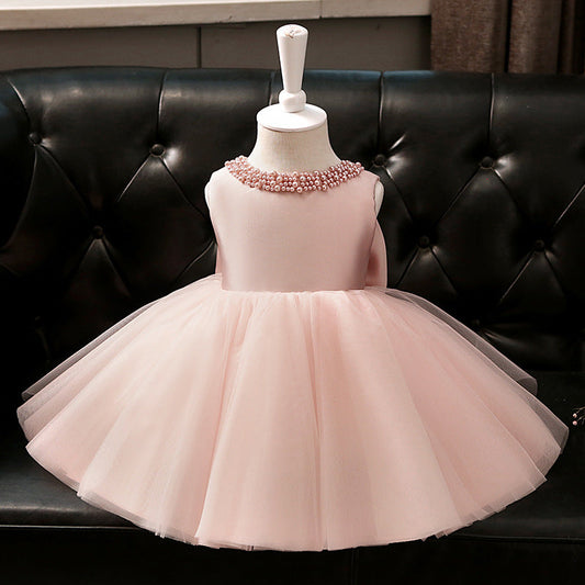 Pink Beaded Bow Princess Dress for Girls | A-Line Flower Girl Party Gown