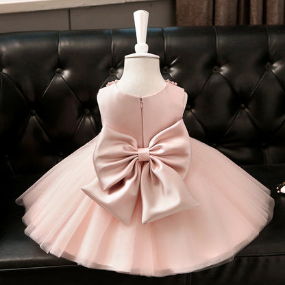 Pink Beaded Bow Princess Dress for Girls | A-Line Flower Girl Party Gown