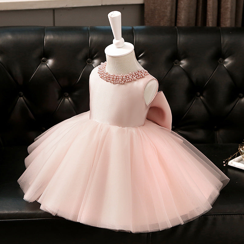 Pink Beaded Bow Princess Dress for Girls | A-Line Flower Girl Party Gown