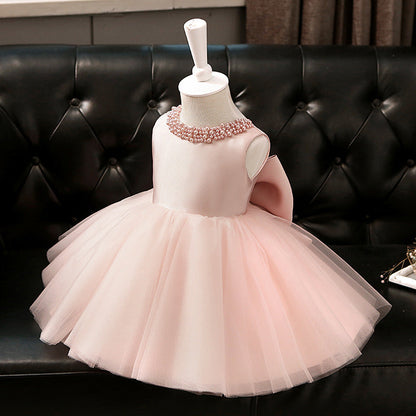 Pink Beaded Bow Princess Dress for Girls | A-Line Flower Girl Party Gown