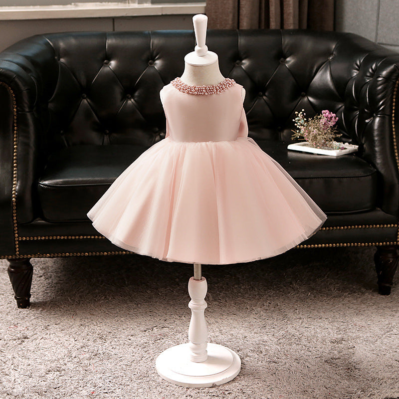 Pink Beaded Bow Princess Dress for Girls | A-Line Flower Girl Party Gown