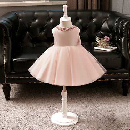 Pink Beaded Bow Princess Dress for Girls | A-Line Flower Girl Party Gown