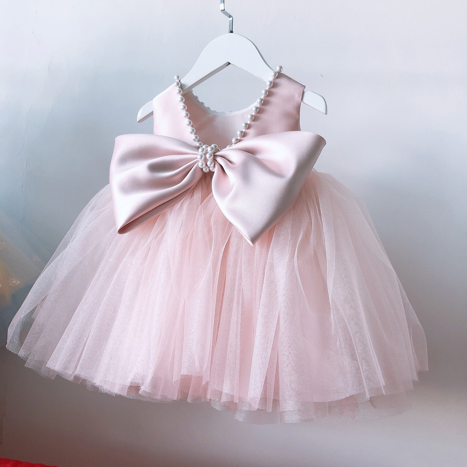 Pink Puffy Princess Dress for Girls with Bow – Formal A-Line Birthday & Party Gown