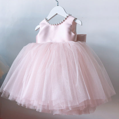 Pink Puffy Princess Dress for Girls with Bow – Formal A-Line Birthday & Party Gown