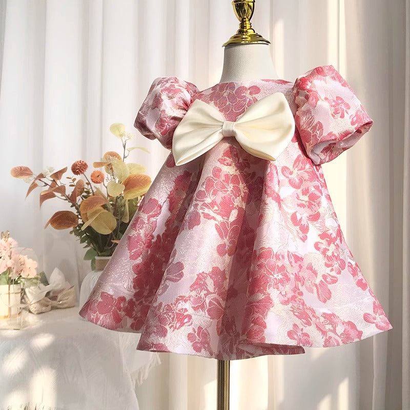 Pink Embroidered Bowknot A-Line Dress for Girls – Party & Event Wear