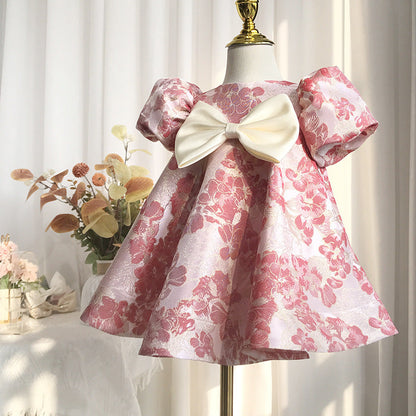 Pink Embroidered Bowknot A-Line Dress for Girls – Party & Event Wear