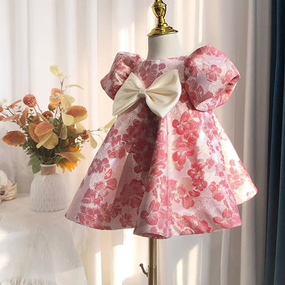 Pink Embroidered Bowknot A-Line Dress for Girls – Party & Event Wear