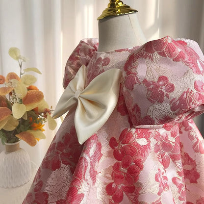 Pink Embroidered Bowknot A-Line Dress for Girls – Party & Event Wear