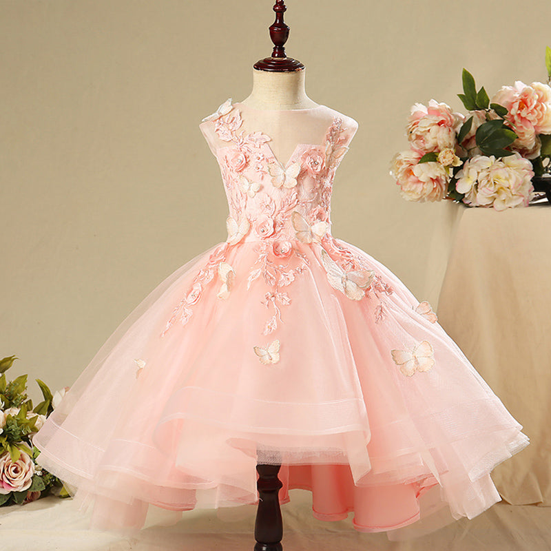 Pink Butterfly High-Low Tulle Girl Dress with Flower Appliques for Parties & Weddings