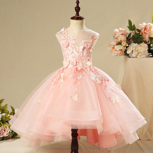 Pink Butterfly High-Low Tulle Girl Dress with Flower Appliques for Parties & Weddings