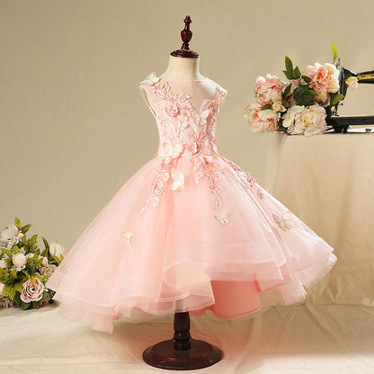 Pink Butterfly High-Low Tulle Girl Dress with Flower Appliques for Parties & Weddings
