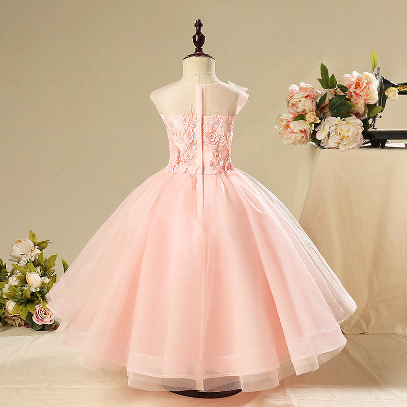 Pink Butterfly High-Low Tulle Girl Dress with Flower Appliques for Parties & Weddings