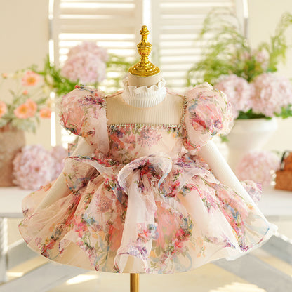 Pink Floral A-Line Tulle Kids Party Dress with Sequins & Beads – Princess Style