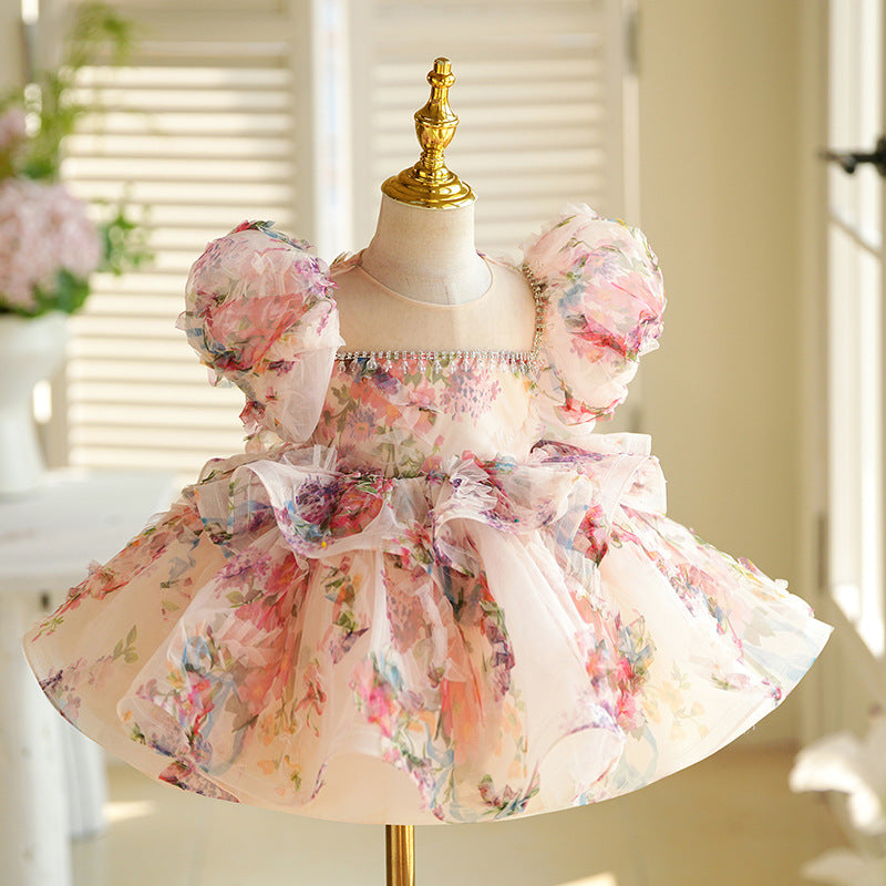 Pink Floral A-Line Tulle Kids Party Dress with Sequins & Beads – Princess Style