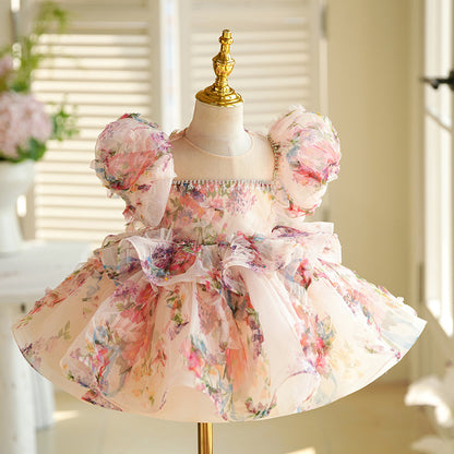 Pink Floral A-Line Tulle Kids Party Dress with Sequins & Beads – Princess Style