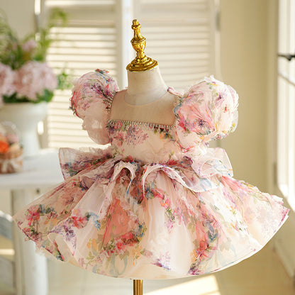 Pink Floral A-Line Tulle Kids Party Dress with Sequins & Beads – Princess Style