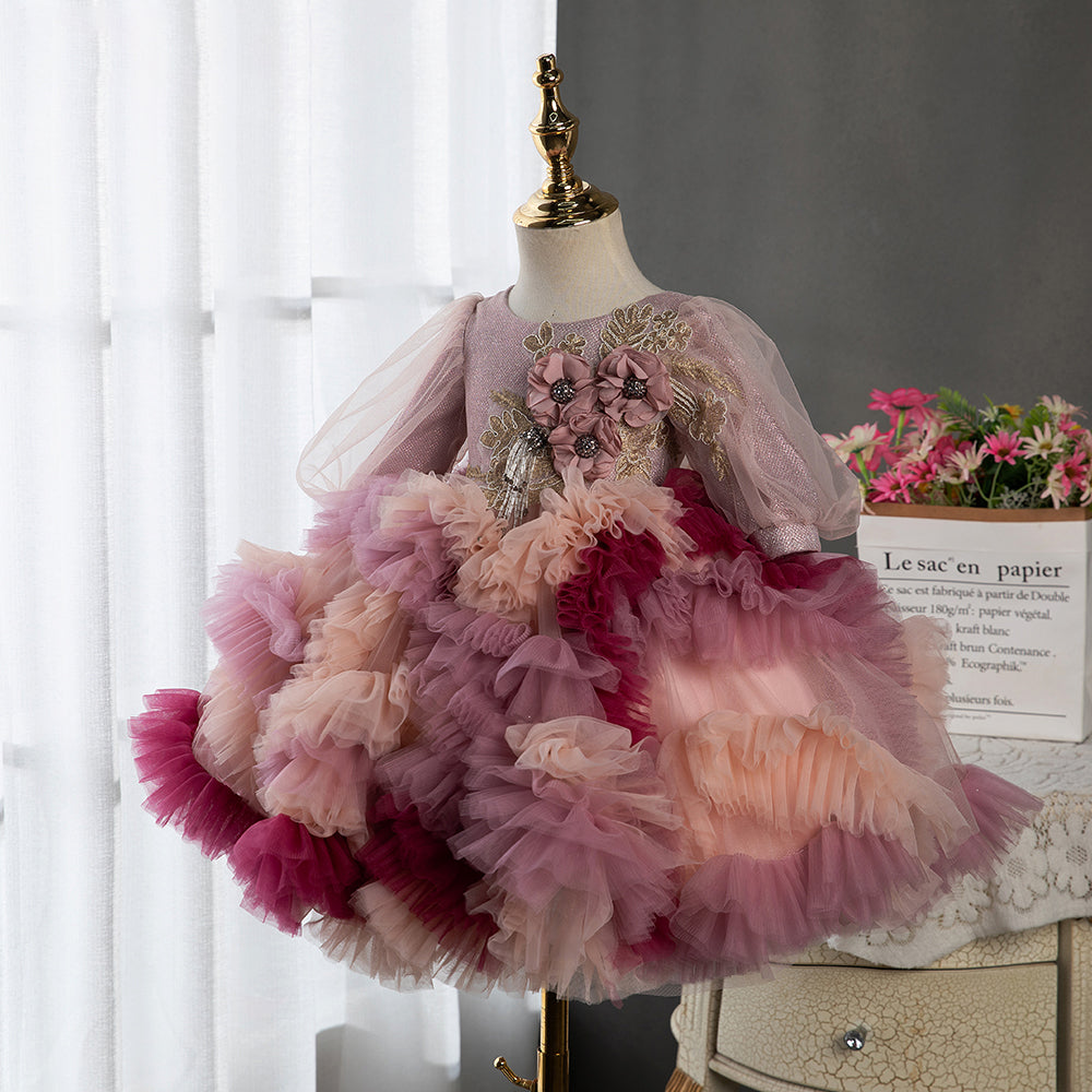 Pink Princess Flower Girl Dress - Tiered Tea-Length Party Dress for Kids
