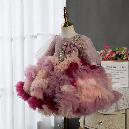 Pink Princess Flower Girl Dress - Tiered Tea-Length Party Dress for Kids